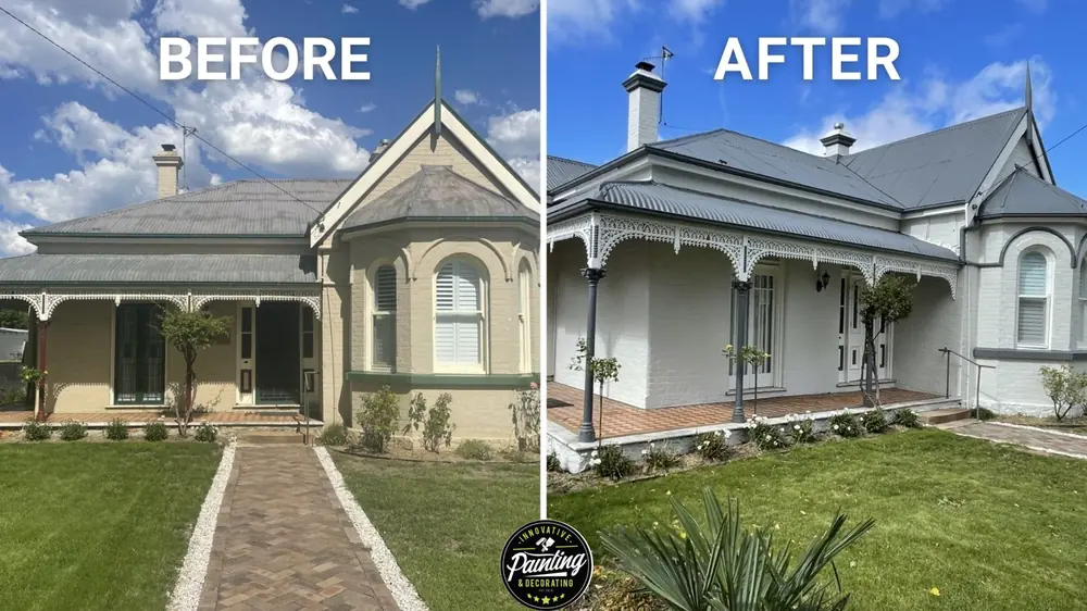 Before-and-after comparison of a heritage-style home exterior repaint