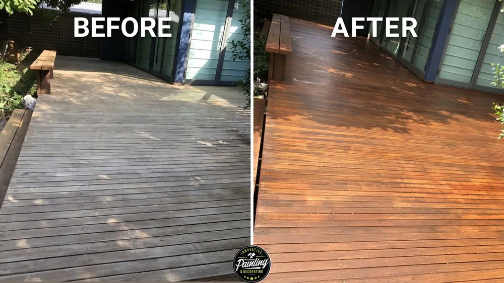Before-and-after comparison of a weathered and restored timber deck