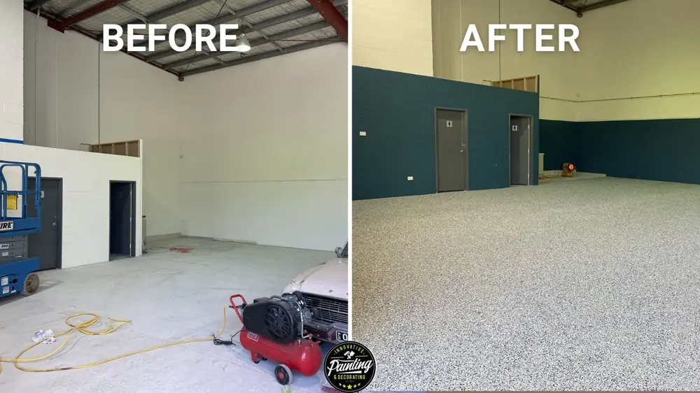 Before-and-after comparison of a commercial workshop floor and wall upgrade