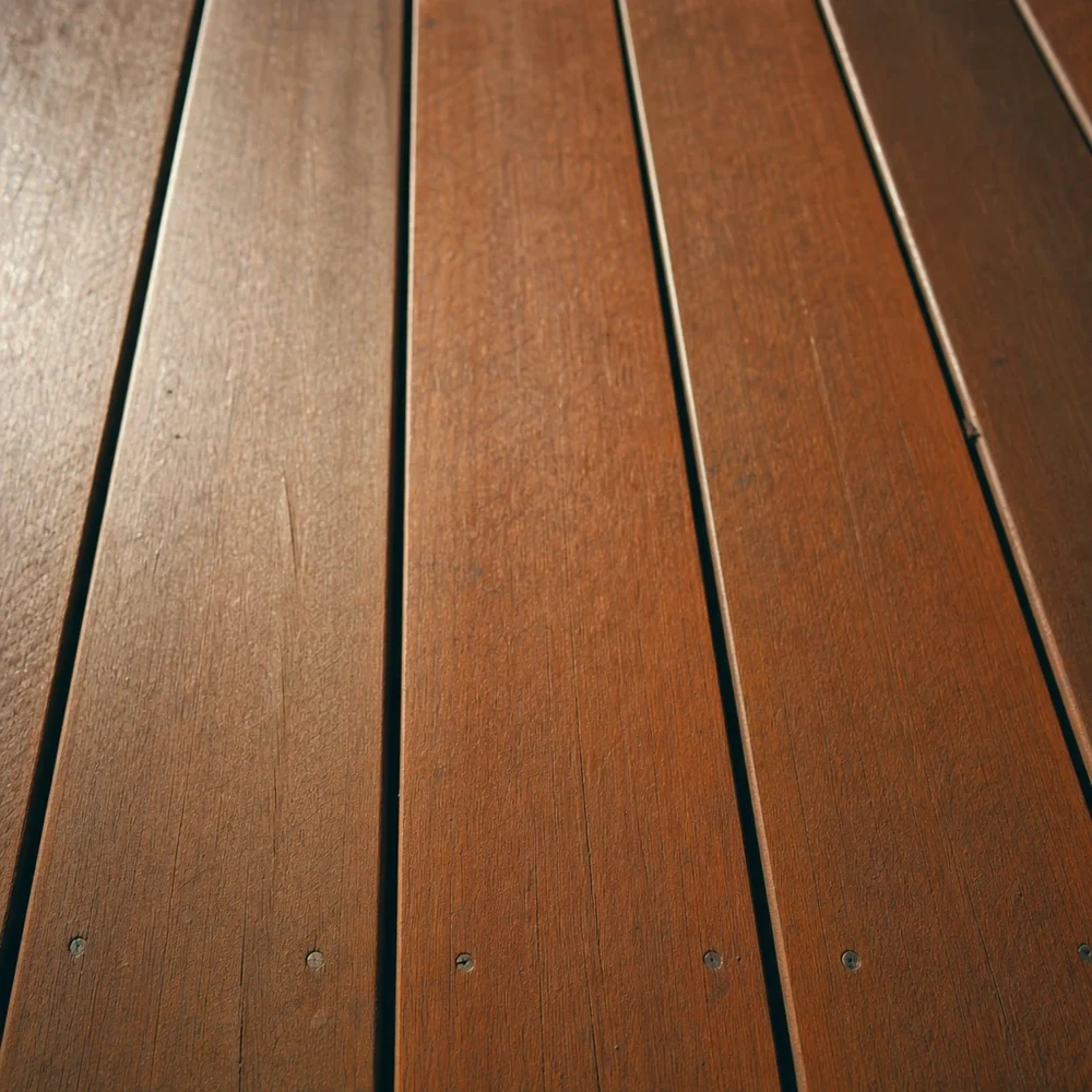 Close-up of narrow warm-brown timber deck boards with a smooth finish