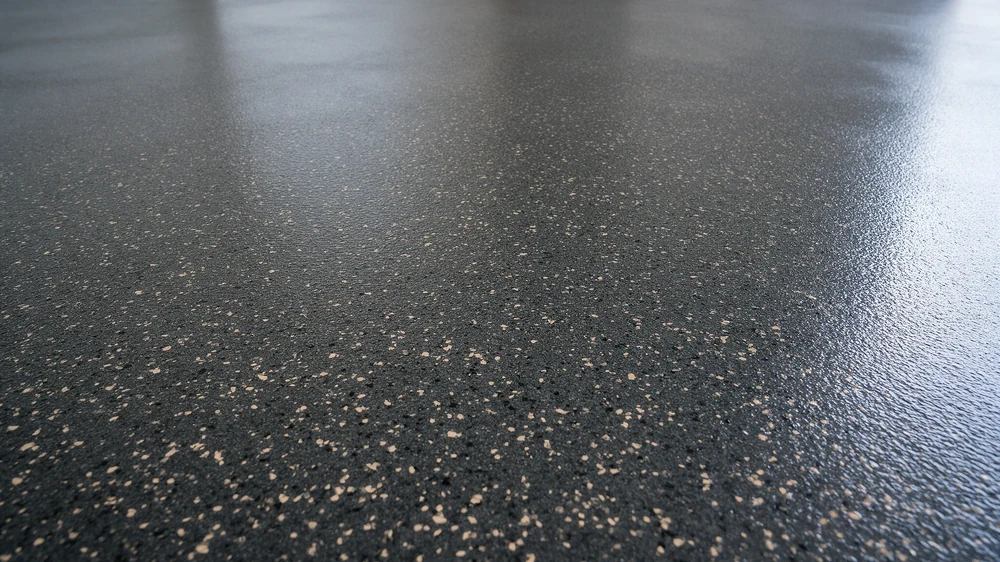 Close-up of a dark charcoal epoxy floor with decorative aggregate flakes
