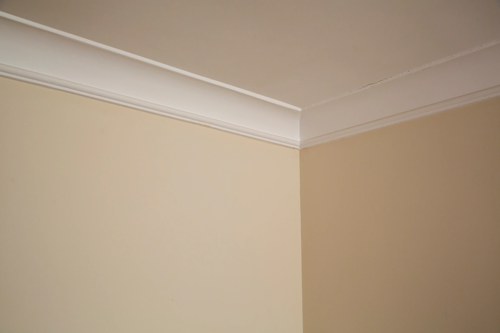 Freshly painted warm beige interior walls meeting a white ceiling and cornice