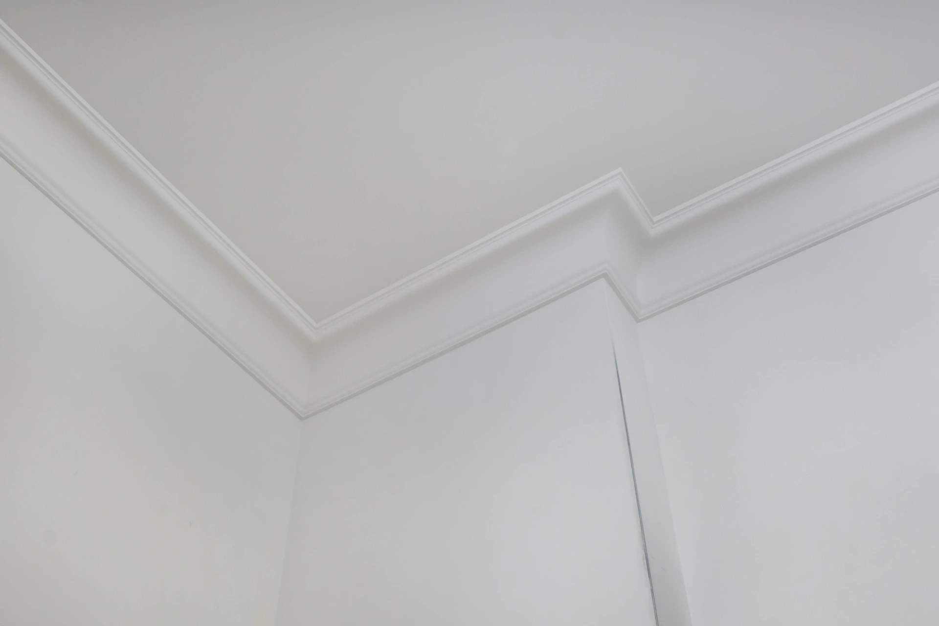 Freshly painted muted mauve interior walls meeting a white ceiling and cornice