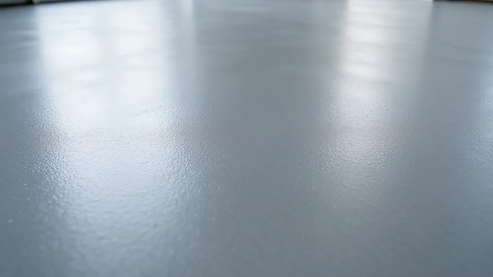 Close-up of a pale blue-grey epoxy floor with a smooth reflective surface