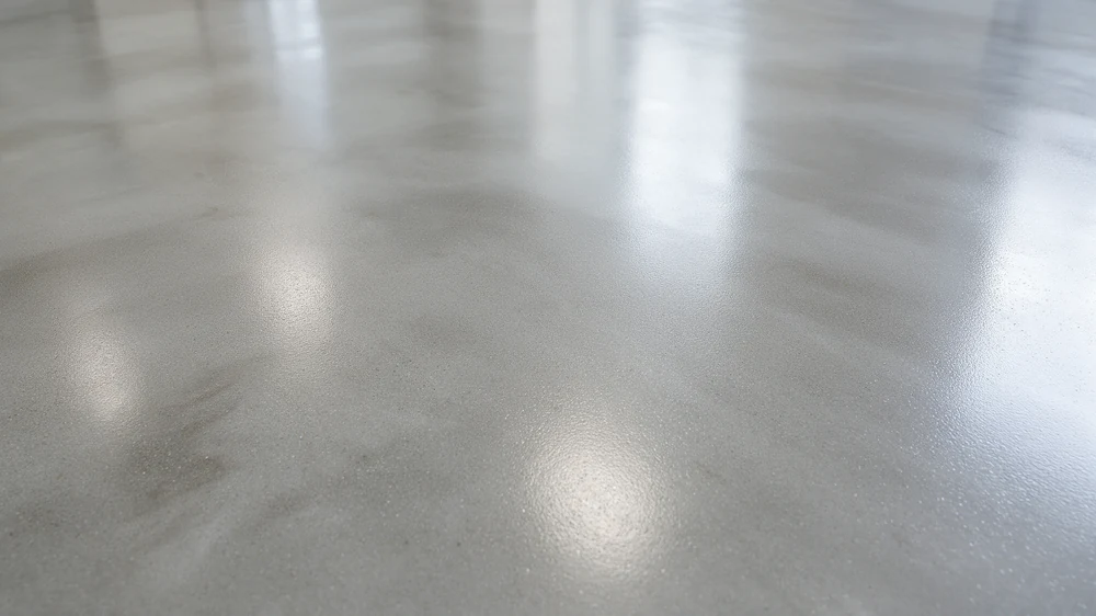 Close-up of a light-grey epoxy floor with soft window reflections