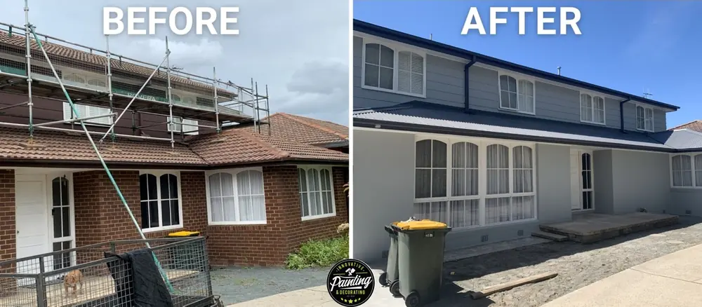 Before-and-after comparison of a two-storey home exterior and roofline