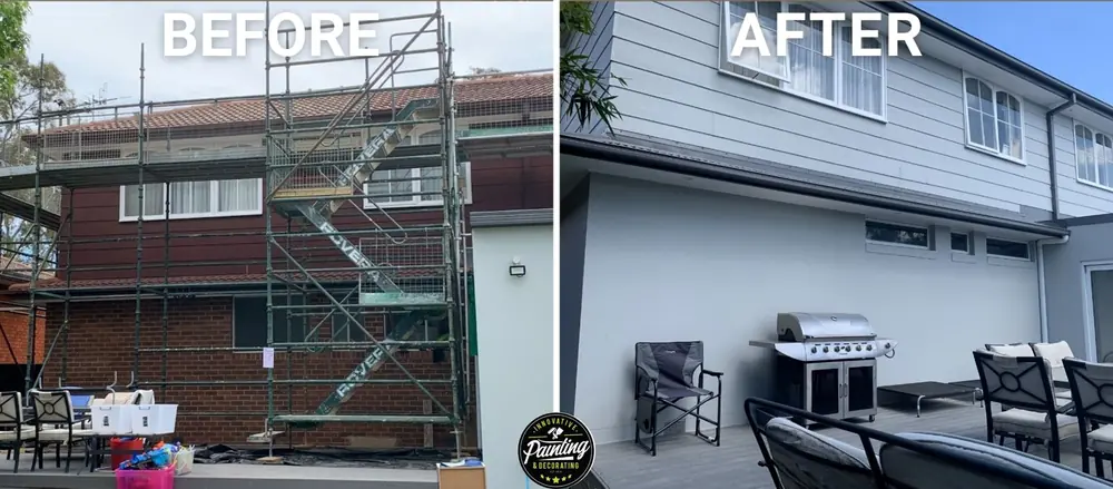 Before-and-after comparison of a two-storey exterior restoration with scaffolding