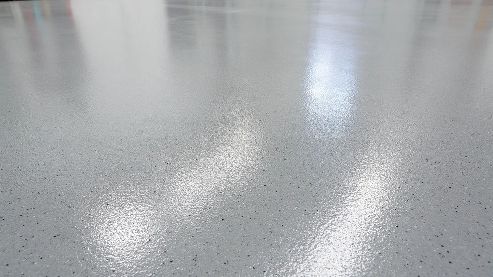 Close-up of a grey epoxy floor with a bright reflected highlight and fine texture